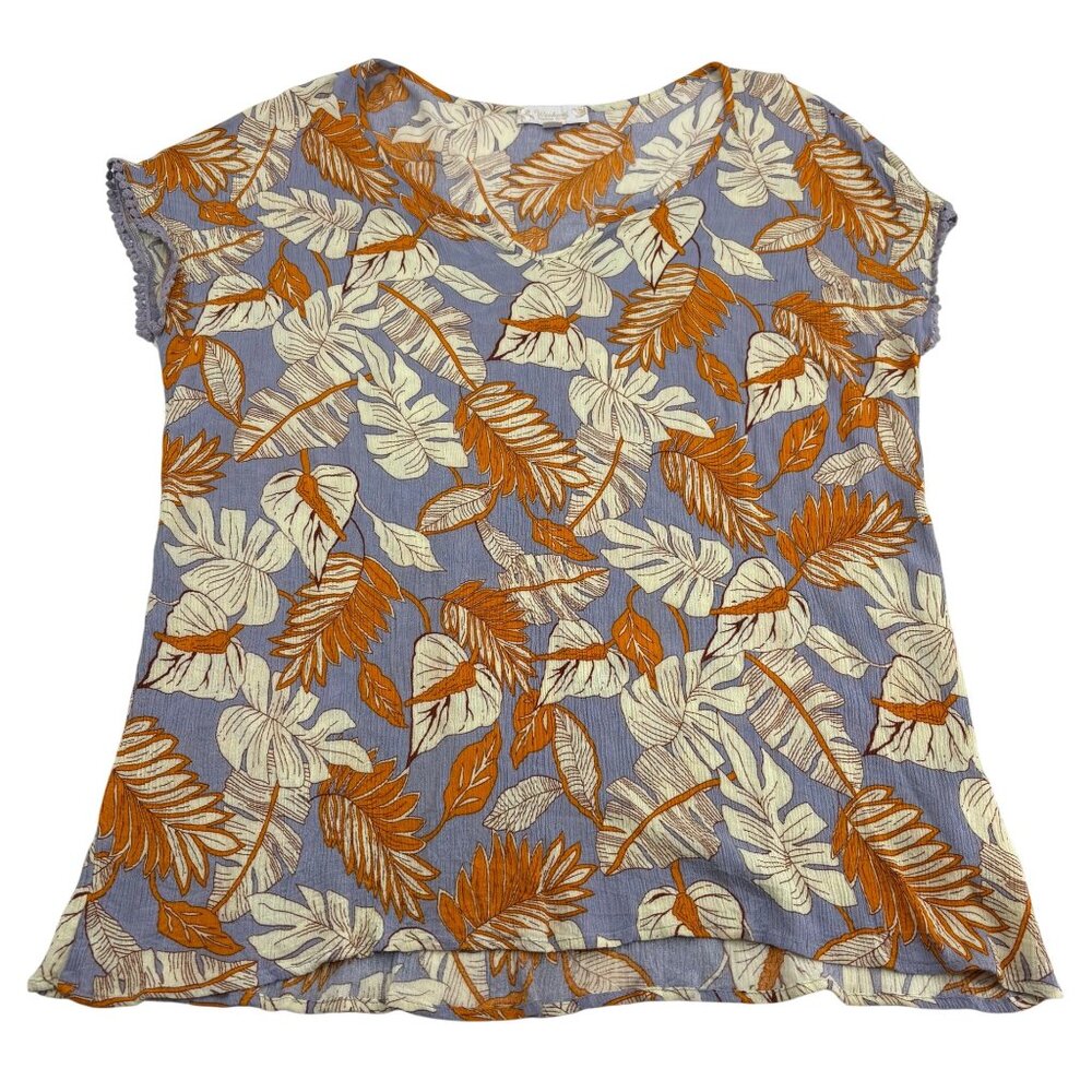 Weekend Suzanne Betros‎ Womens 1X V-Neck Top Short Sleeve Leaf Pattern Rayon